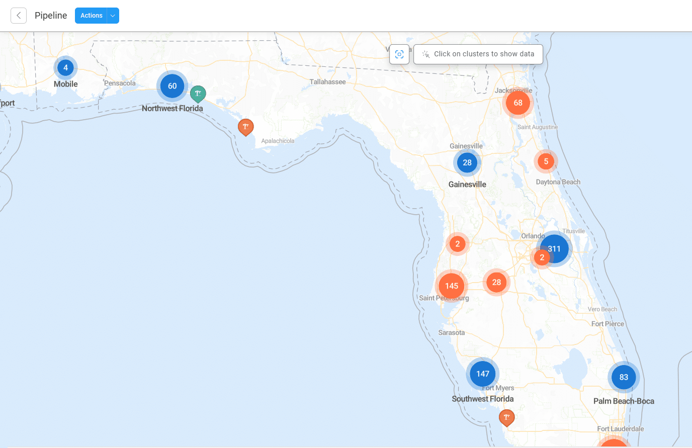 Property data from SMART Apartment Data showing a map of properties in the pipeline in Florida.